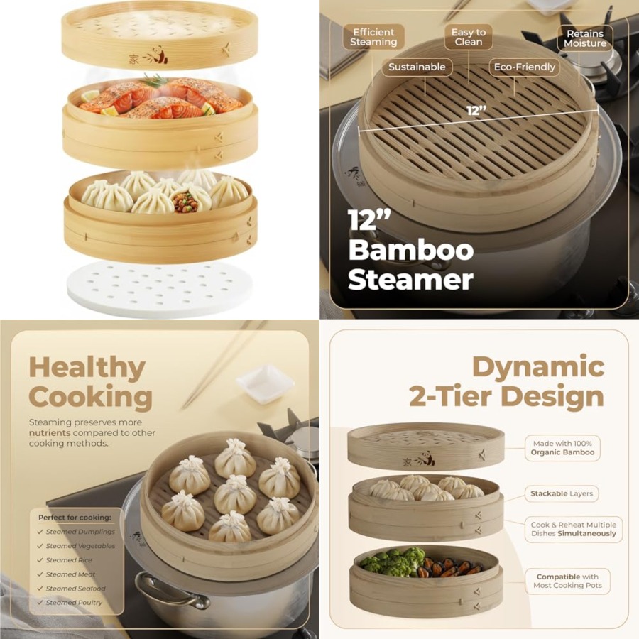 Bamboo Steamer Basket - 2-Tier - Bao Steamer Bamboo reseña y precio